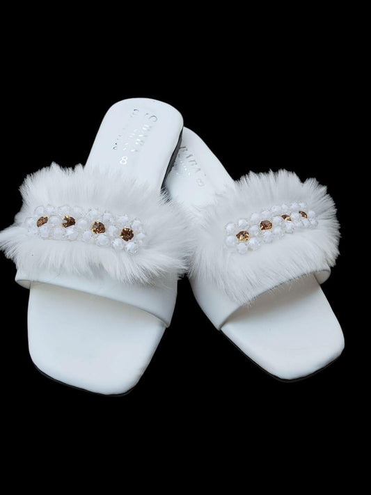 Elegant White Faux Fur Slippers – Pearl & Gem Detail (Six sizes)