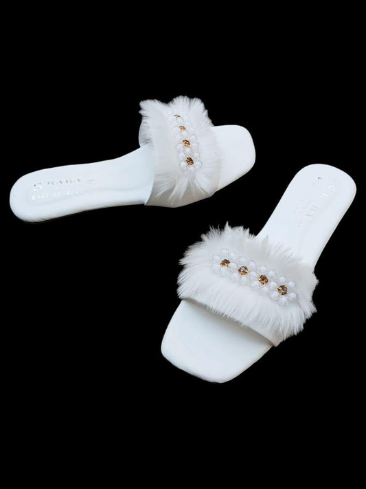 Elegant White Faux Fur Slippers – Pearl & Gem Detail (Six sizes)