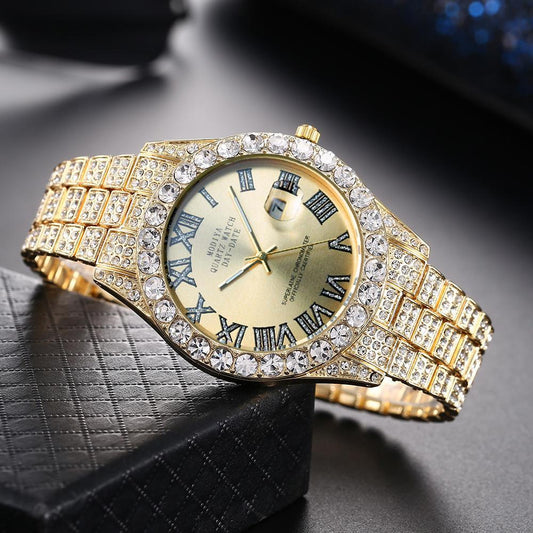 "Luxury Iced-Out Men's Roman Numeral Watch – Gold & Silver Diamond-Studded Timepiece"