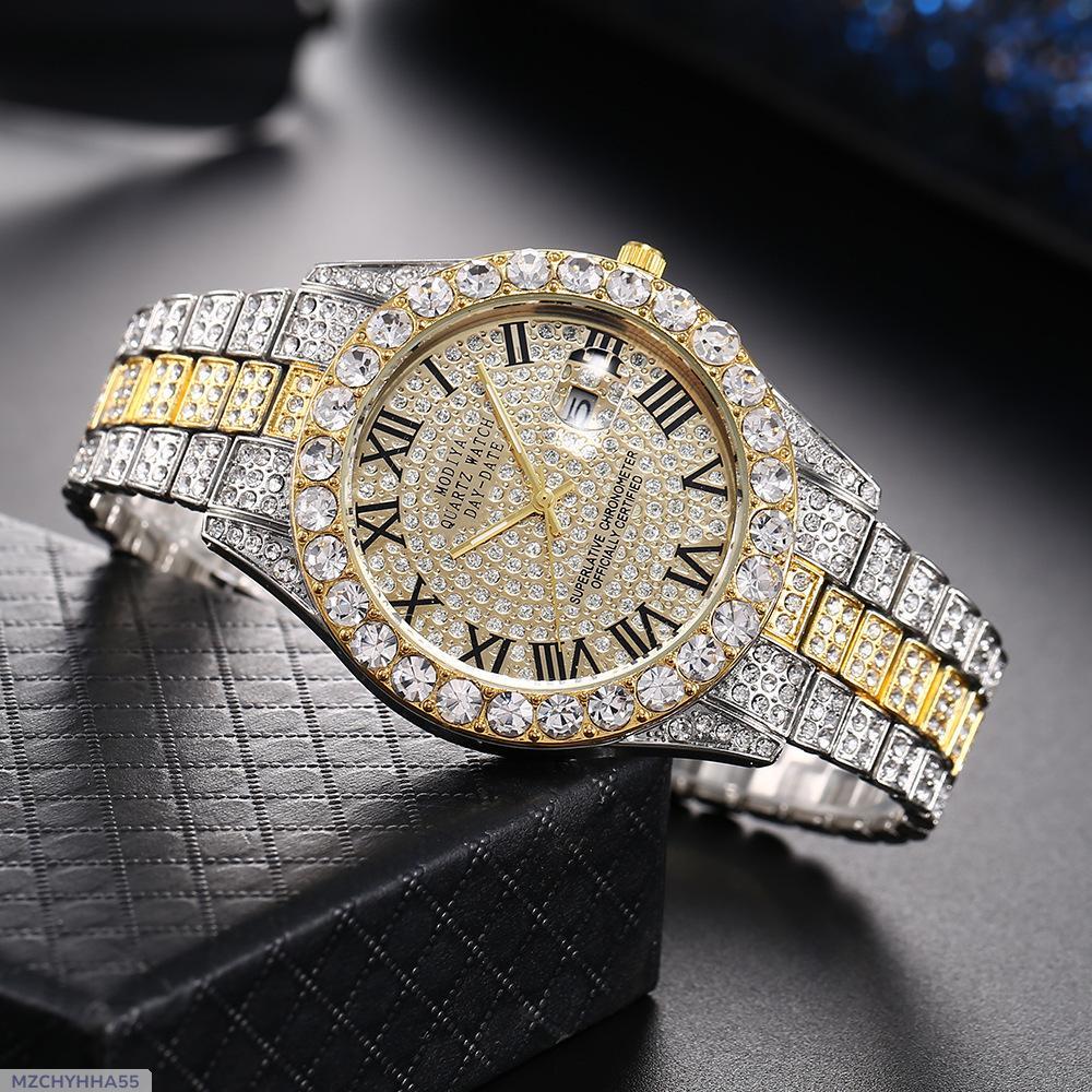 "Luxury Iced-Out Men's Roman Numeral Watch – Gold & Silver Diamond-Studded Timepiece"