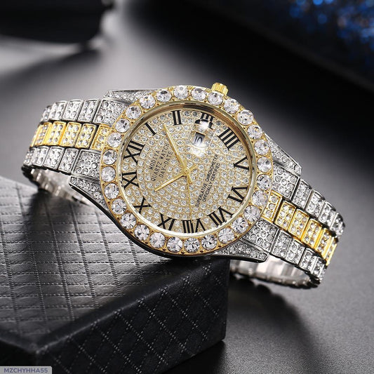 "Luxury Iced-Out Men's Roman Numeral Watch – Gold & Silver Diamond-Studded Timepiece"