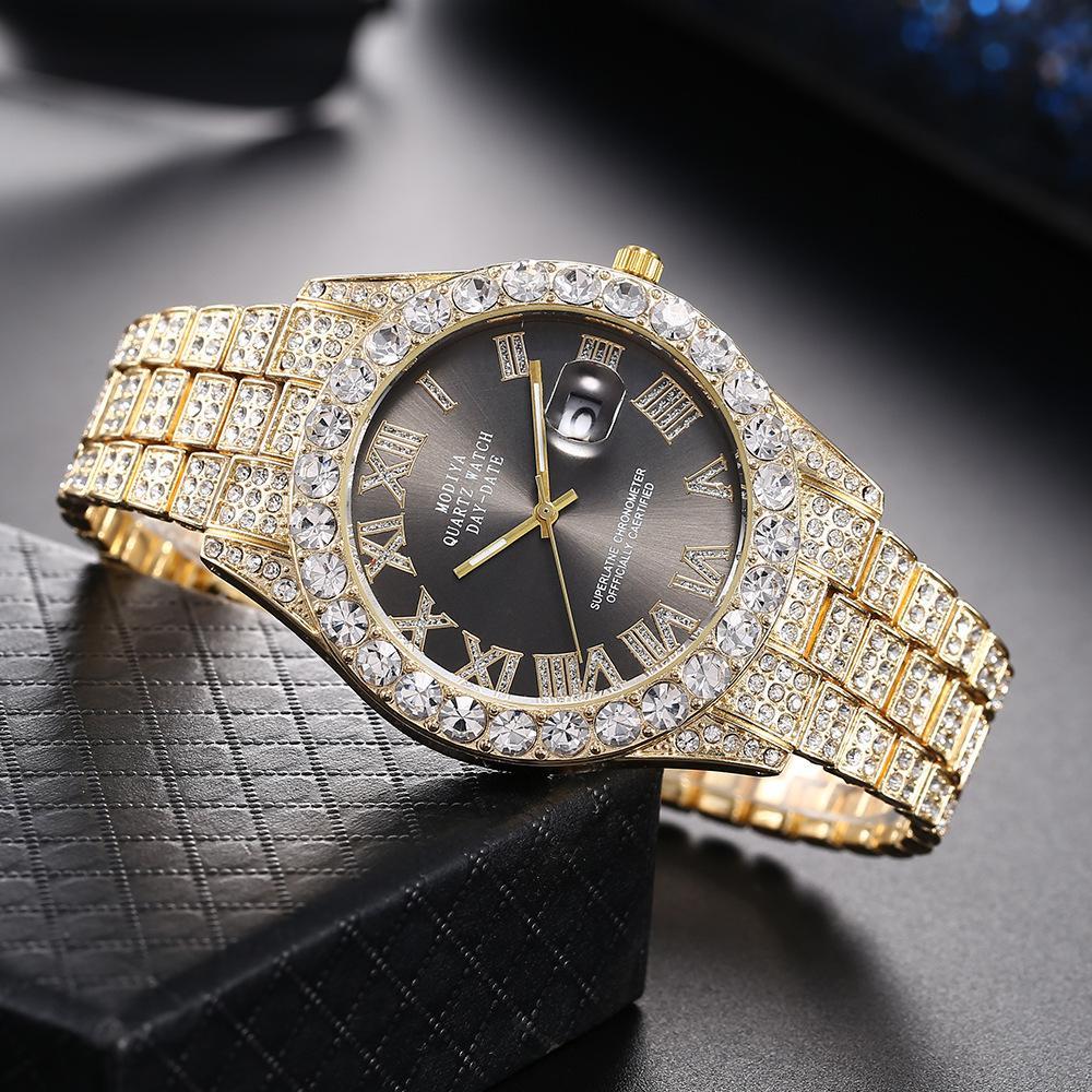 "Luxury Iced-Out Men's Roman Numeral Watch – Gold & Silver Diamond-Studded Timepiece"