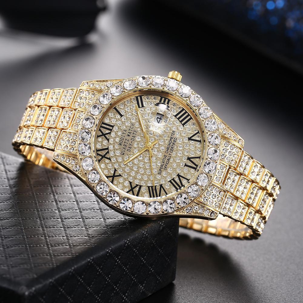 "Luxury Iced-Out Men's Roman Numeral Watch – Gold & Silver Diamond-Studded Timepiece"