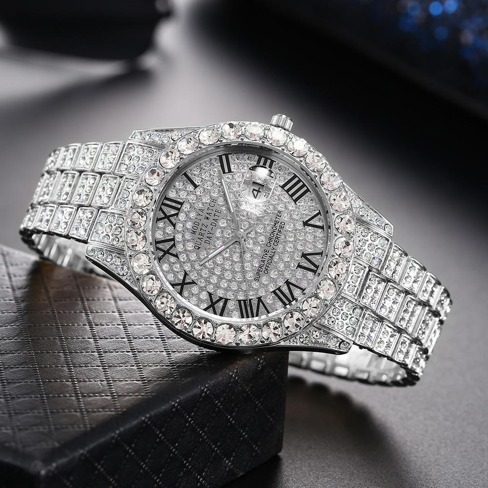 "Luxury Iced-Out Men's Roman Numeral Watch – Gold & Silver Diamond-Studded Timepiece"